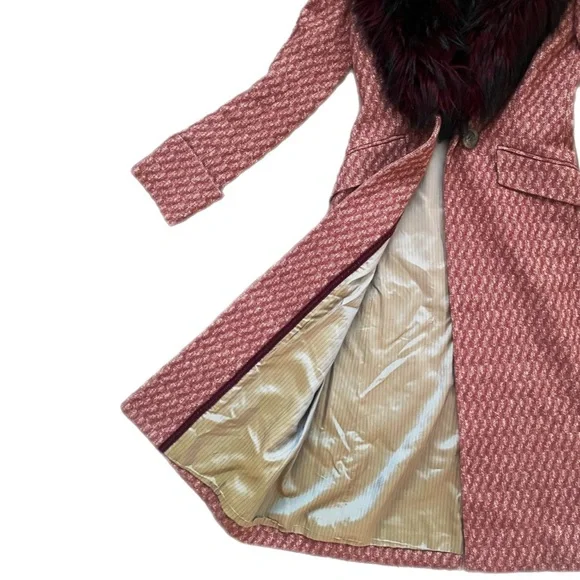 Sisley red & beige long wool & silk trench coat w/ detachable faux fur collar